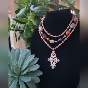 Copper Ethiopian Cross necklace layered with Assorted Agate Copper necklace.